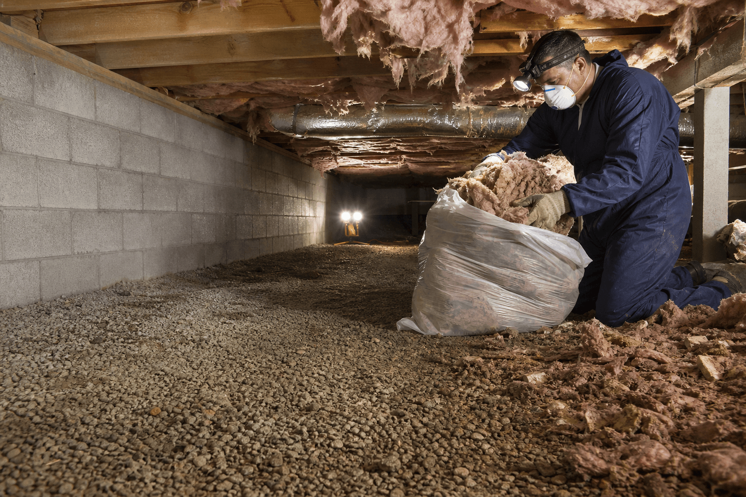 Technician removing old insulation and debris from a crawl space during cleanup