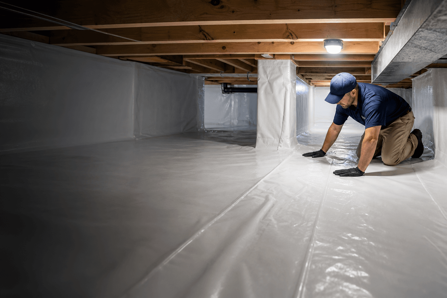 Technician rolling out white vapor barrier across a sealed crawl space floor in a Halifax home
