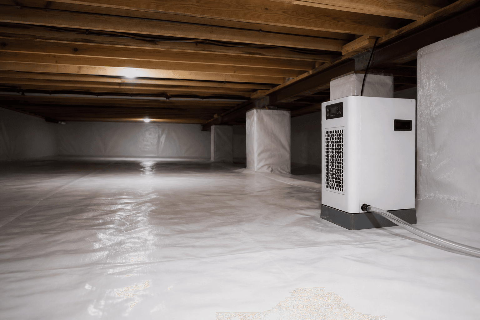 Crawl space dehumidifier running in a sealed, encapsulated crawl space