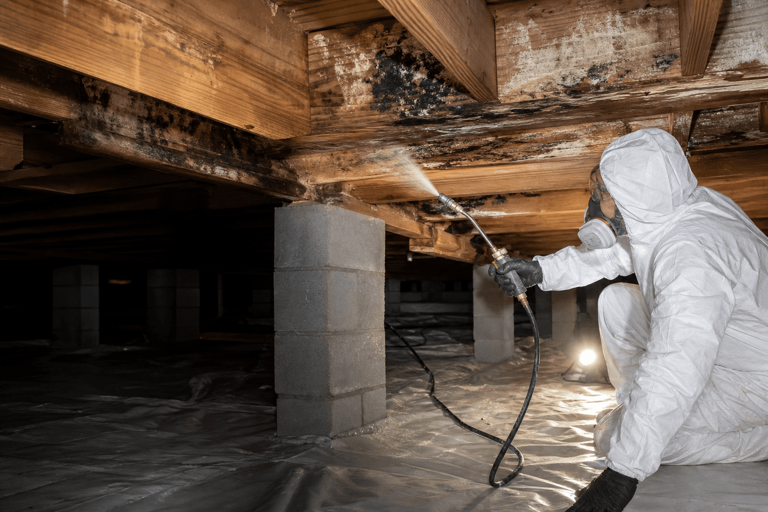Technician in protective gear treating mold on crawl space floor joists