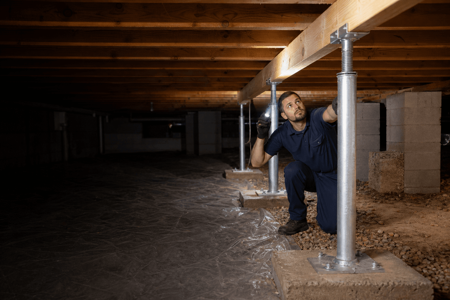 New support posts and jacks installed under floor joists in a crawl space