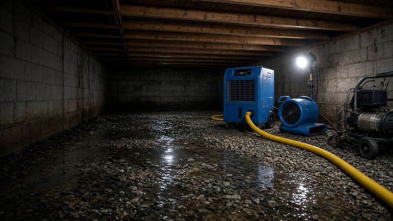 Water extraction and drying equipment set up in a flooded crawl space
